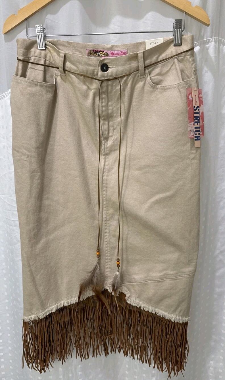 VTG Me & You Boho Fringe Midi Skirt Khaki Western L (NWT - Minor Stain)